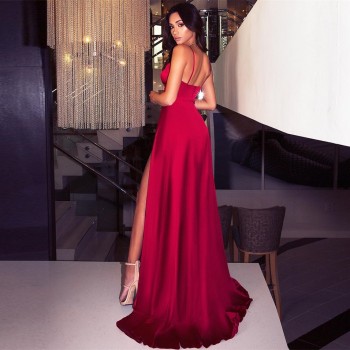 Red Satin V Neck Padded Maxi Dresses Two High Splits Backless High Rise Floor Length Party Dress